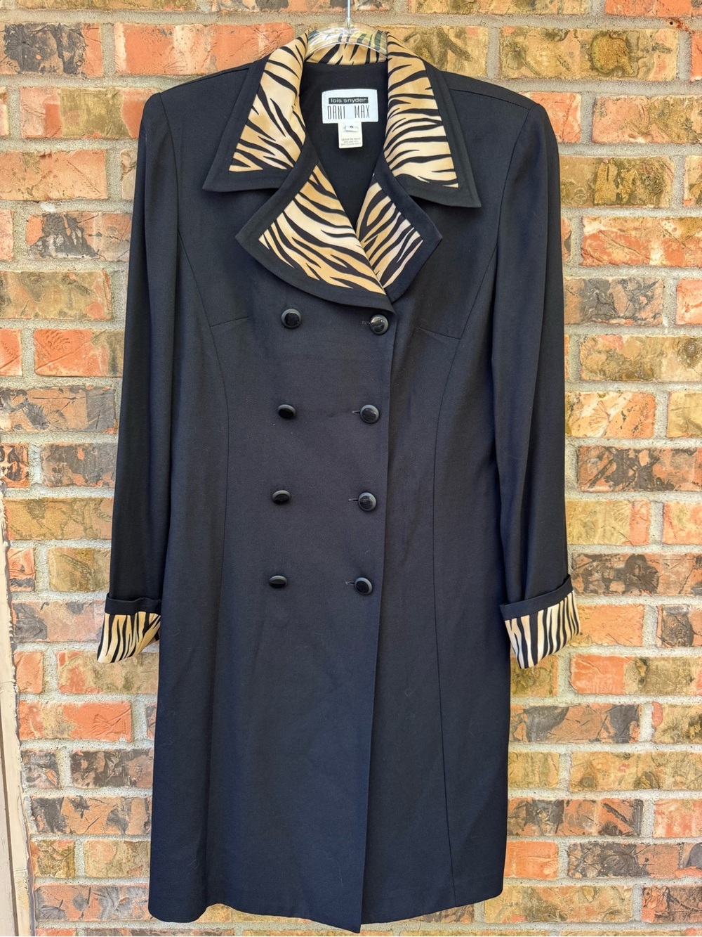 90s Vintage Lois Snyder Dani Max Black Dress Trench Coat Tiger Stripe Size 8 Med